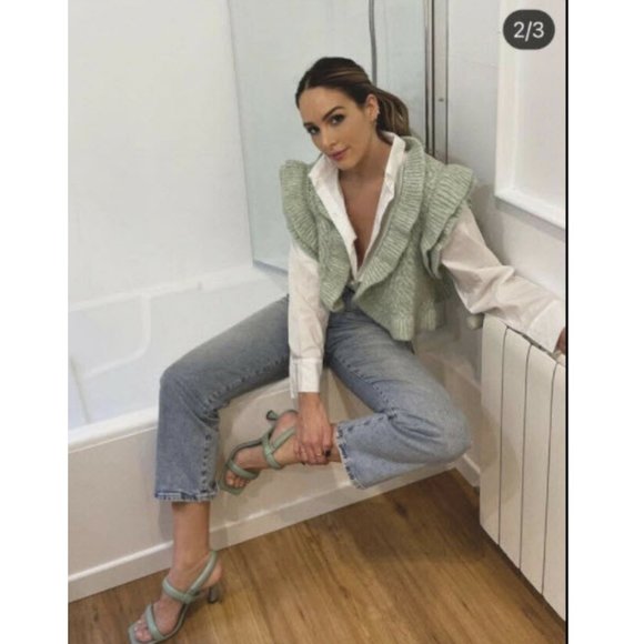 NWT ZARA KNITTED RUFFLED VEST SMALL CROPPED CARDIGAN MINT PASTEL GREEN - Picture 1 of 6